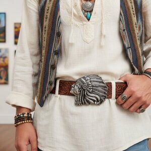 New Men Antique Dark Silver Metal Buckle Native American Indian Fashion Chief